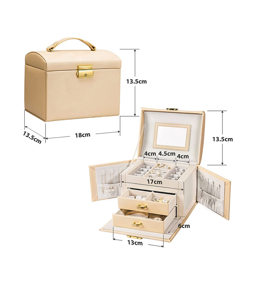 YouBella Jewellery Organiser MultiLayer PU Leather Portable Lockable Storage Box Case with Dividers Container for Rings, Earrings, Necklace Home Organizer, Beige